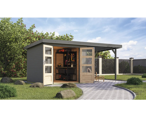 Abri de jardin Karibu Metalwood 3,5D tôle gris alu avec extension de toit 2,35 m 486,5 x 266,5 cm gris eau Abri de jardin Karibu Metalwood 3,5D tôle gris alu avec extension de toit 2,35 m 486,5 x 266,5 cm gris eau