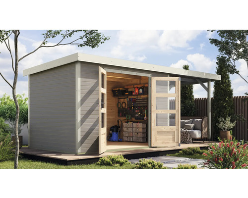Abri de jardin Karibu Metalwood 4D tôle blanche avec toit rapporté 2,35 m 541,5 x 236,5 cm gris eau Abri de jardin Karibu Metalwood 4D tôle blanche avec toit rapporté 2,35 m 541,5 x 236,5 cm gris eau