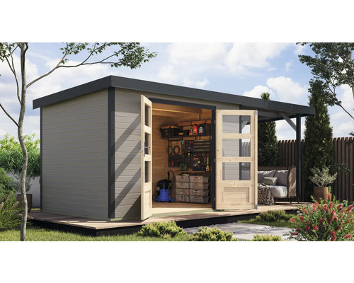 Abri de jardin Karibu Metalwood 4D tôle anthracite avec toit rapporté 2,35 m 541,5 x 236,5 cm gris eau Abri de jardin Karibu Metalwood 4D tôle anthracite avec toit rapporté 2,35 m 541,5 x 236,5 cm gris eau