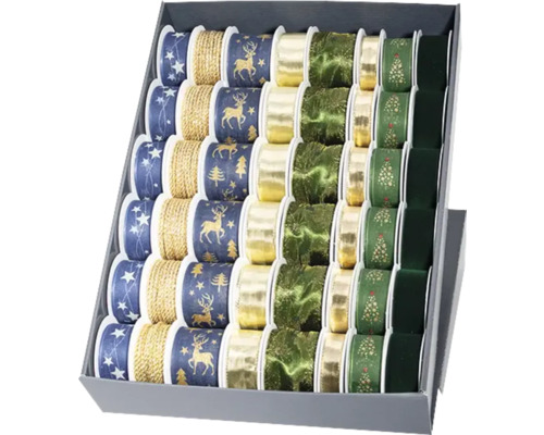 Set de rubans cadeaux décoratifs avec différents motifs dans une boîte