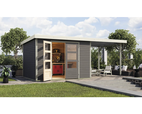 Gartenhaus Karibu Metalwood 5B Blech weiß inkl. Anbaudach 2,35 m 541,5 x 266,5 cm terragrau