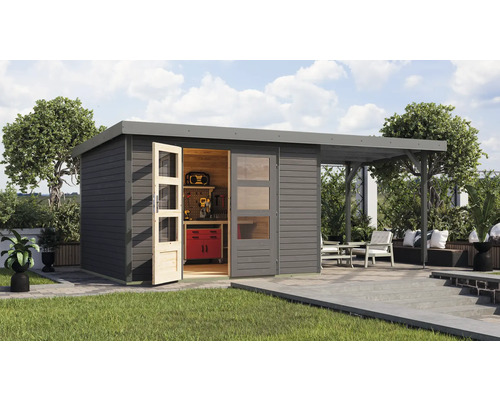 Gartenhaus Karibu Metalwood 5B Blech graualu inkl. Anbaudach 2,35 m 541,5 x 266,5 cm terragrau