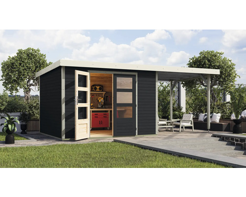 Gartenhaus Karibu Metalwood 5C Blech weiß inkl. Anbaudach 2,35 m 541,5 x 266,5 cm anthrazit