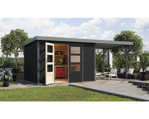 Gartenhaus Karibu Metalwood 5C Blech graualu inkl. Anbaudach 2,35 m 541,5 x 266,5 cm anthrazit