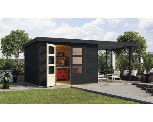 Gartenhaus Karibu Metalwood 5C Blech anthrazit inkl. Anbaudach 2,35 m 541,5 x 266,5 cm anthrazit