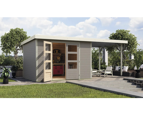 Gartenhaus Karibu Metalwood 5D Blech weiß inkl. Anbaudach 2,35 m 541,5 x 266,5 cm wassergrau