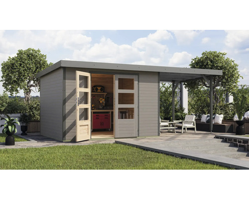 Abri de jardin Karibu Metalwood 5D tôle gris aluminium avec toit rapporté 2,35 m 541,5 x 266,5 cm gris eau Abri de jardin Karibu Metalwood 5D tôle gris aluminium avec toit rapporté 2,35 m 541,5 x 266,5 cm gris eau