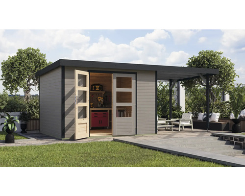 Abri de jardin Karibu Metalwood 5D tôle anthracite avec toit rapporté 2,35 m 541,5 x 266,5 cm gris eau Abri de jardin Karibu Metalwood 5D tôle anthracite avec toit rapporté 2,35 m 541,5 x 266,5 cm gris eau