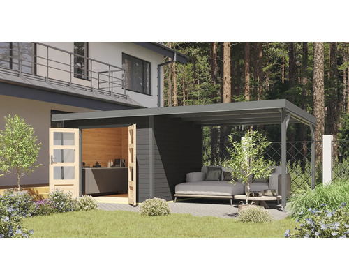 Gartenhaus Karibu Metalwood 2 6B Blech graualu inkl. Anbaudach 3 m 595,5 x 292,4 cm terragrau