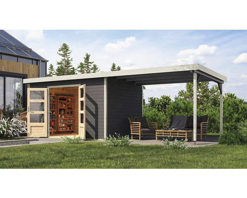 Gartenhaus Karibu Metalwood 2 7B Blech weiß inkl. Anbaudach 3 m 692,5 x 273 cm terragrau