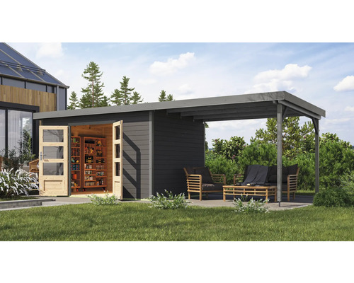 Gartenhaus Karibu Metalwood 2 7B Blech graualu inkl. Anbaudach 3 m 692,5 x 273 cm terragrau