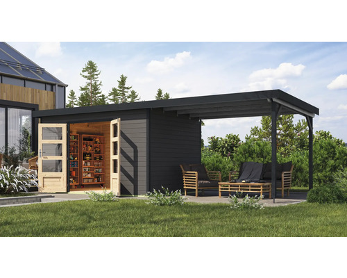 Gartenhaus Karibu Metalwood 2 7B Blech anthrazit inkl. Anbaudach 3 m 692,5 x 273 cm terragrau
