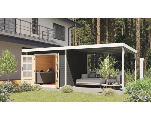 Abri de jardin Karibu Metalwood 2B tôle blanc avec extension de toit 567 x 271 cm gris terre