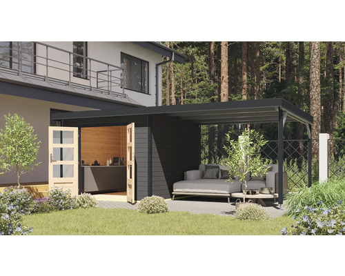 Gartenhaus Karibu Metalwood 2B Blech anthrazit inkl. Anbaudach 567 x 292 cm terragrau