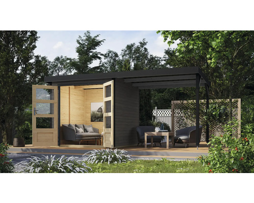 Abri de jardin Karibu Metalwood tôle anthracite avec extension de toit 438 x 236,5 cm gris terre cuite Abri de jardin Karibu Metalwood tôle anthracite avec extension de toit 438 x 236,5 cm gris terre cuite