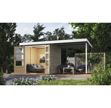 Maison de jardin moderne avec terrasse couverte et plancher en bois dans le jardin.