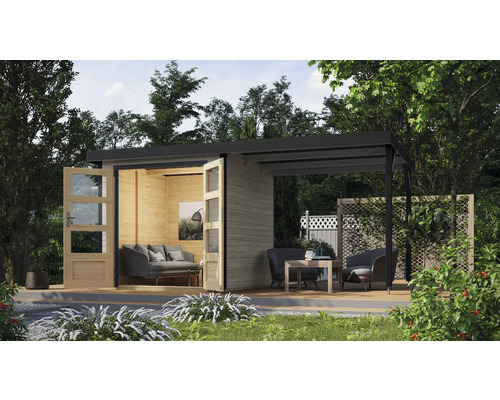 Gartenhaus Karibu Metalwood Blech anthrazit inkl. Anbau 438 x 236,5 cm wassergrau