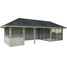 Maison de jardin en bois avec toit et portes coulissantes en verre