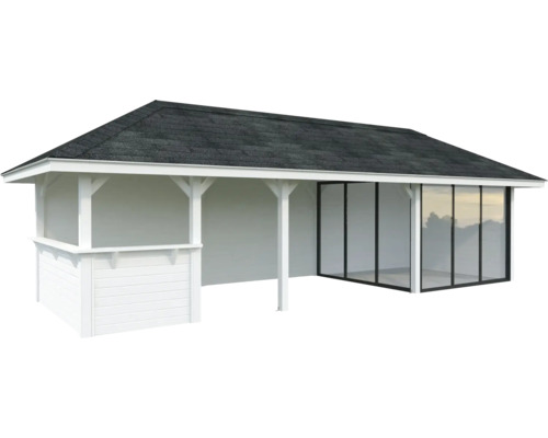 Pavillon de jardin avec toit et parois coulissantes en verre