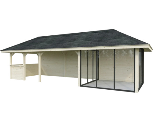 Pavillon de jardin en bois avec toit et façade en verre