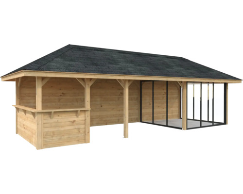 Pavillon en bois avec toit et façade vitrée