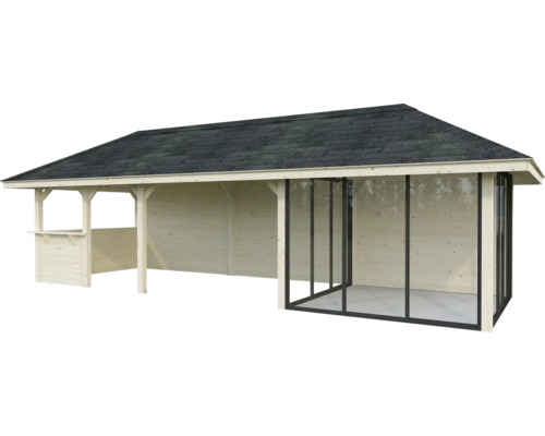 Abri de jardin en bois avec toit et façade vitrée