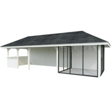 Pavillon couvert avec toit et façade en verre.