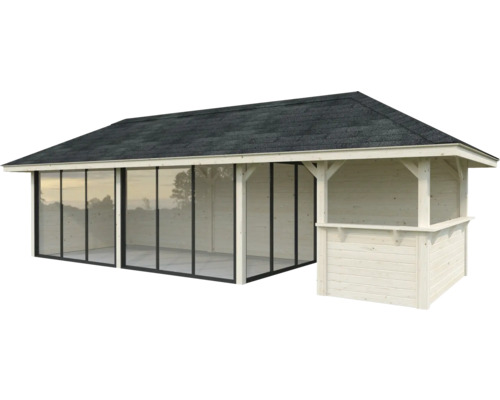 Maison de jardin avec façade en verre et terrasse couverte