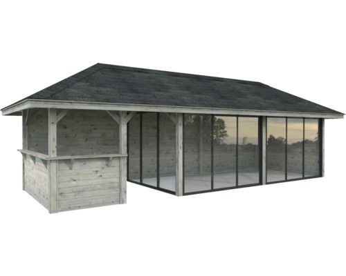 Pavillon Tonnelle Palmako 876 x 300 mm bois gris Pavillon de jardin avec toit et portes coulissantes en verre