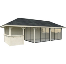 Pavillon de jardin en bois avec façade en verre et toit à deux pentes