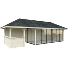 Pavillon de jardin en bois avec toit plat et parois coulissantes en verre