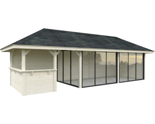Pavillon de jardin en bois avec toit plat et parois coulissantes en verre