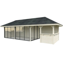 Maison de jardin en bois avec portes coulissantes en verre et toit