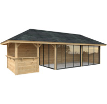 Pavillon de jardin en bois avec toit en bardeau et portes coulissantes en verre