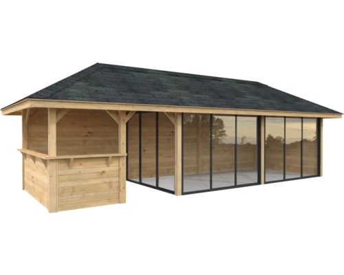 Pavillon de jardin en bois avec toit en bardeau et portes coulissantes en verre