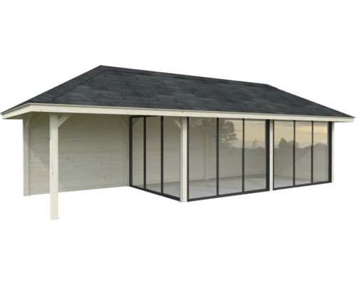 Abri de jardin en bois avec façade vitrée et carton bitumé