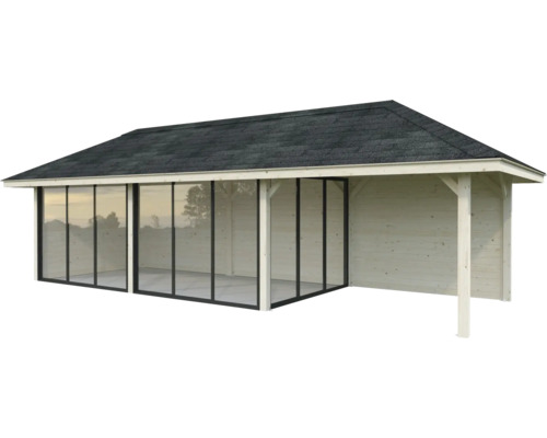 Abri de jardin avec façade en verre et toit