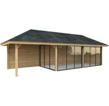 Abri de jardin en bois avec toit et portes coulissantes en verre