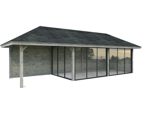 Pavillon de jardin avec façade en verre et murs en bois