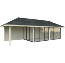 Abri de jardin en bois avec façade en verre et carton bitumé