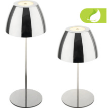 Zwei silberfarbene Tischleuchten mit LED-Beleuchtung
