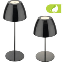 Zwei dunkle, kabellose Tischleuchten mit Fuss und Touchfunktion