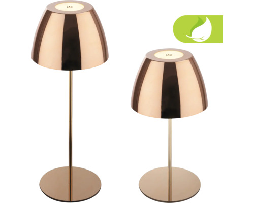 Akku Tischlampe Serina LED 2,5 W kupfer Zwei bronzefarbene Tischleuchten mit rundem Sockel und Energiesparsymbol