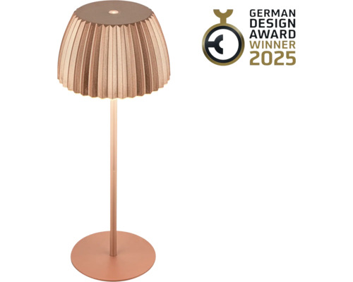 Akku Tischlampe Riffle LED 2 W kupfer Stehlampe mit Lampenschirm und German Design Award Gewinner 2025 Siegel