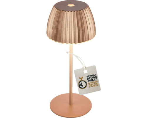 Akku Tischlampe Riffle LED 1,5 W kupfer Tischleuchte mit Lampenschirm und German Design Award Winner 2025 Siegel