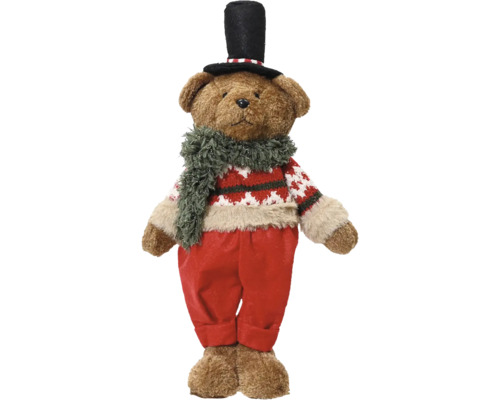 Ours en peluche avec haut-de-forme, écharpe, pull et pantalon