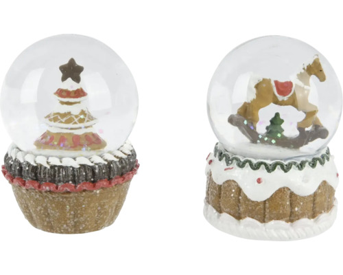 Weihnachtsdekoration Schüttelkugel 7x7x9,5 cm Zwei Schneekugeln mit Weihnachtsbaum und Schaukelpferd auf einem Sockel