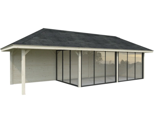 Maison de jardin en bois avec portes coulissantes en verre et toit en bitume