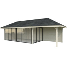 Maison de jardin en bois avec façade en verre et toit noir