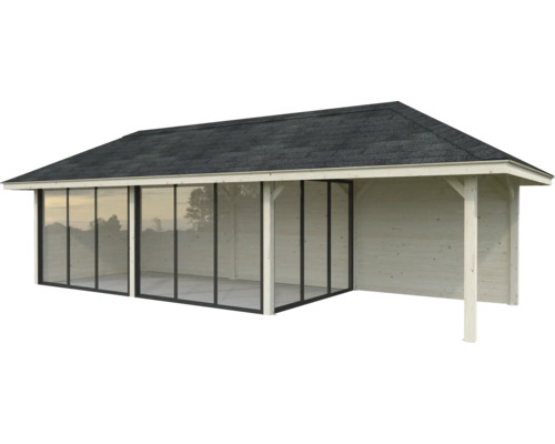 Maison de jardin en bois avec façade en verre et toit noir